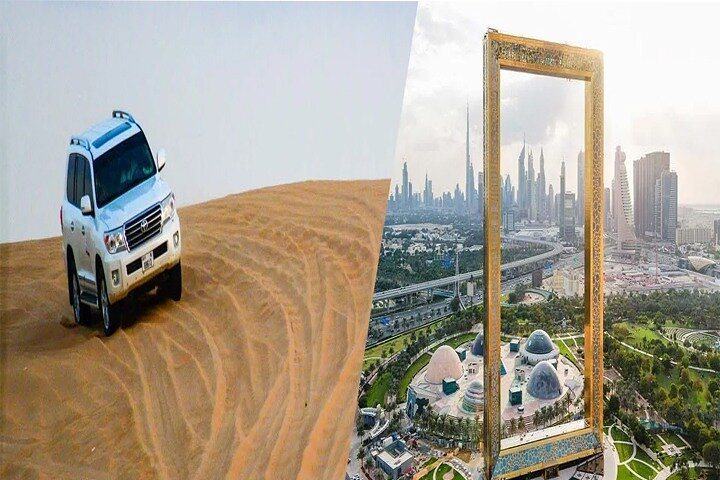 Embark on an unforgettable adventure through Dubai’s golden sands followed by breathtaking views from the iconic Dubai Frame showcasing the city’s rich history and modern skyline.